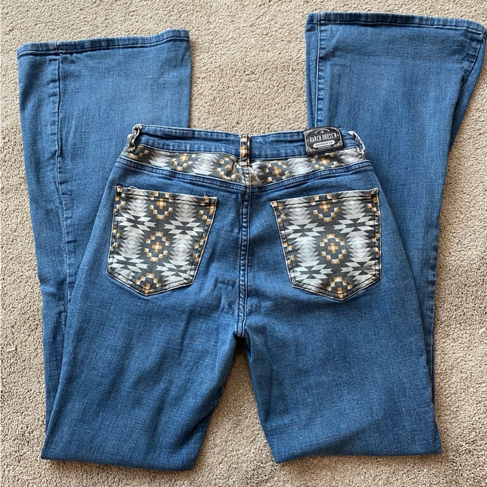 Ranch Dress’n western jeans. Size 8. Wide leg Aztec pattern denim jeans.